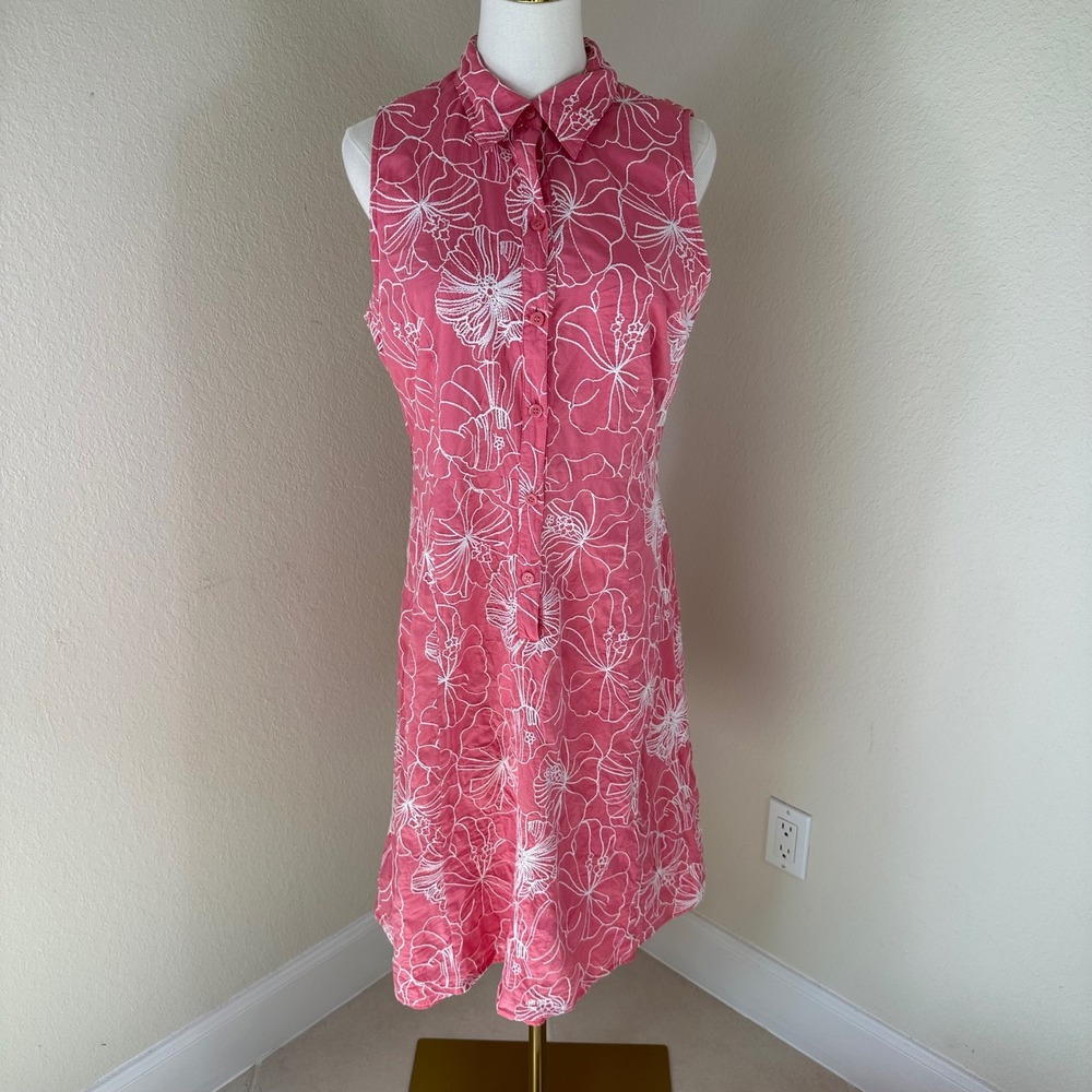 Liz & Co Shirt Dress Womens 12 Pink Tropical Floral Embroidered Summer Boho